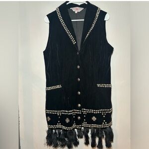 Roja Black velvet vest with fringe and beading, 1970s boho western style size L